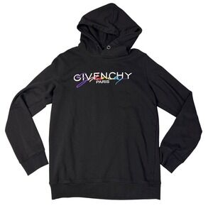 Givenchy Paris Black Hoodie Rainbow Logo Pullover Size XL